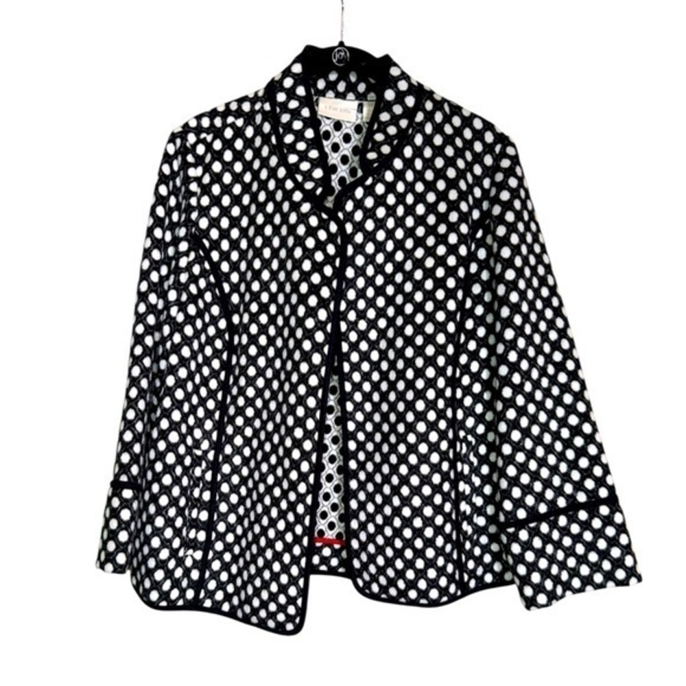 New Chicos Jacket Fleece Black White Polka Dot Open Front Pockets
